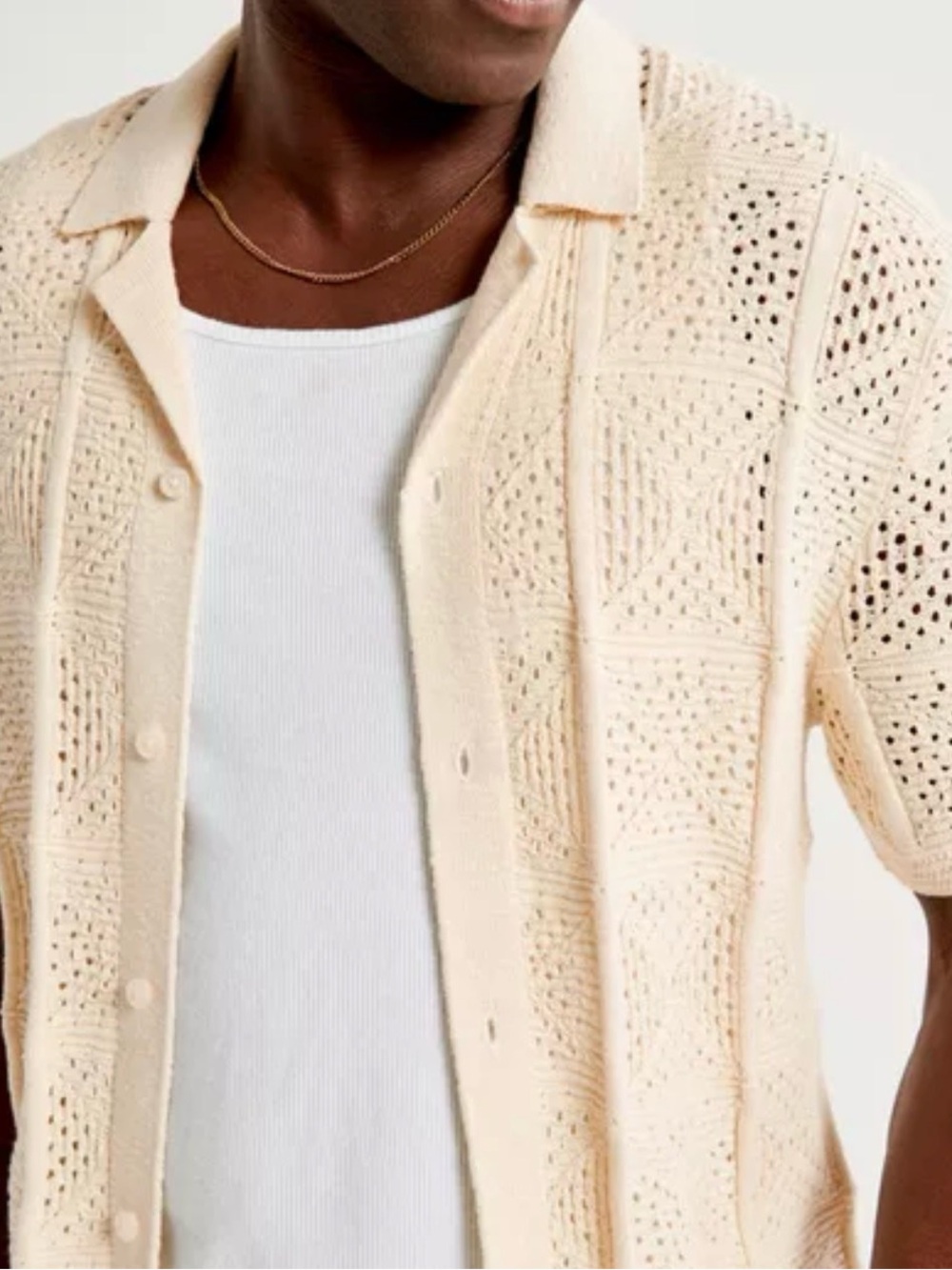 Abercrombie & Fitch Men's Cream Crochet Short-Sleeve Shirt